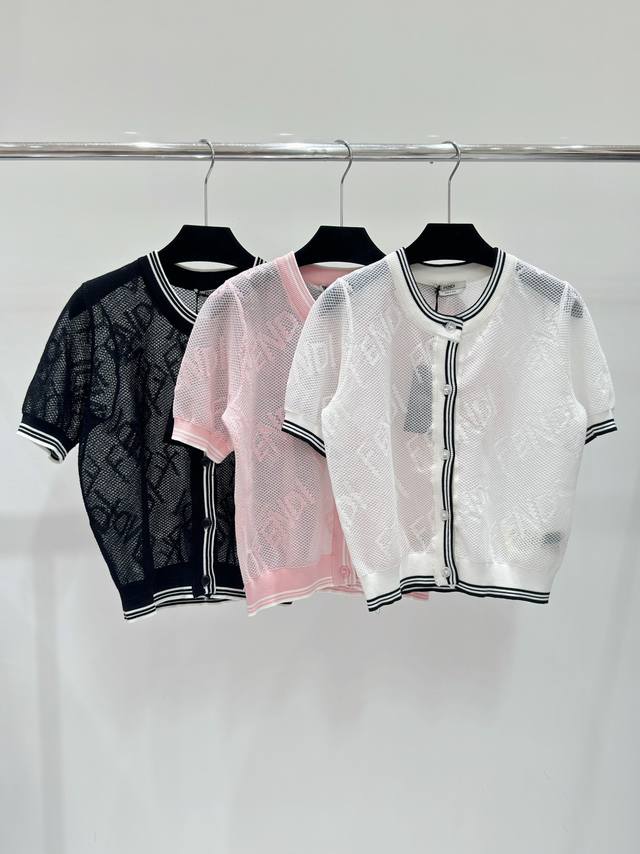 F家 春夏新款 条纹边镂空提花针织开衫短袖 颜色 黑色 白色 粉色 尺码：S.M.L