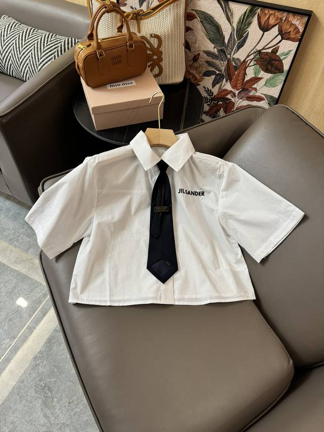 Cs038#新款衬衫 Jilsander 字母绣花 短袖领带衬衫 白色 Sml