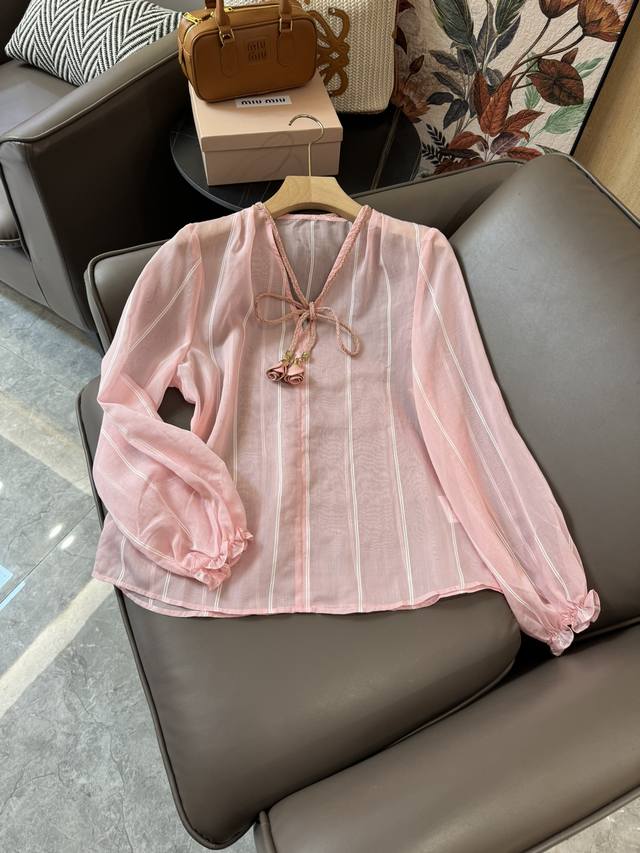 Cs035#新款短袖衬衫 Zimm 度假风 系带条纹宽松上衣 黑色 米色 粉色 Sml