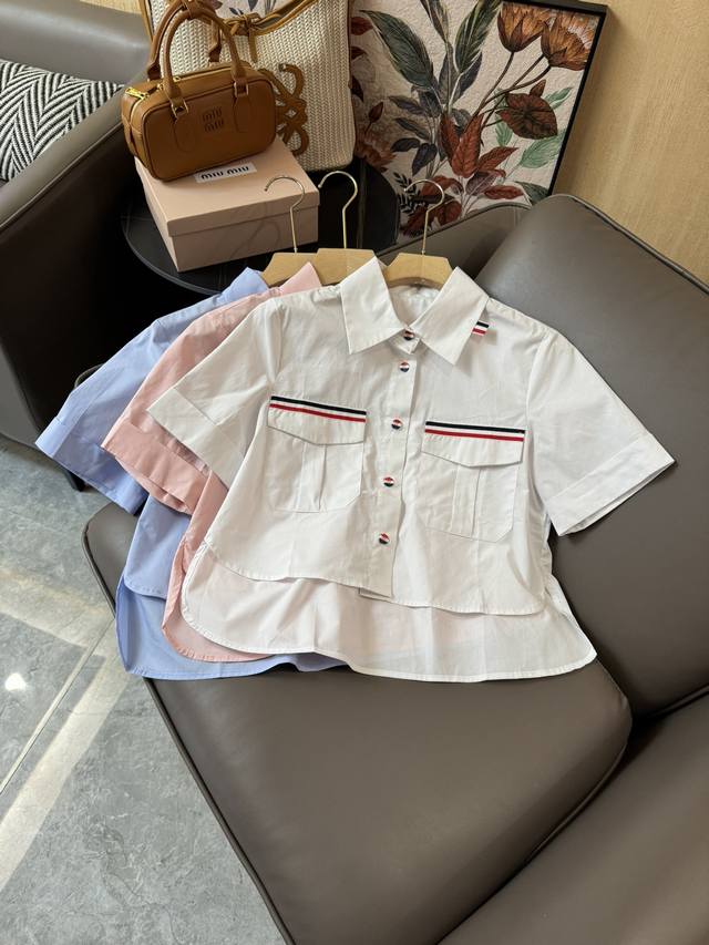 Cs033#新款短袖衬衫 Tb 短袖条纹口袋 短款衬衫 蓝色 白色 粉色 Sml