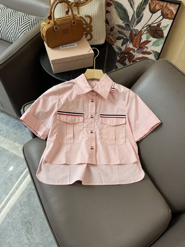 Cs033#新款短袖衬衫 Tb 短袖条纹口袋 短款衬衫 蓝色 白色 粉色 Sml
