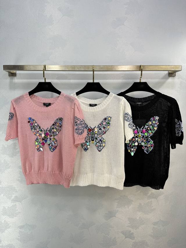 Chane*夏季新款针织蝴蝶刺绣图案 简约又高级，凸显精致名媛风 3色3码sml。