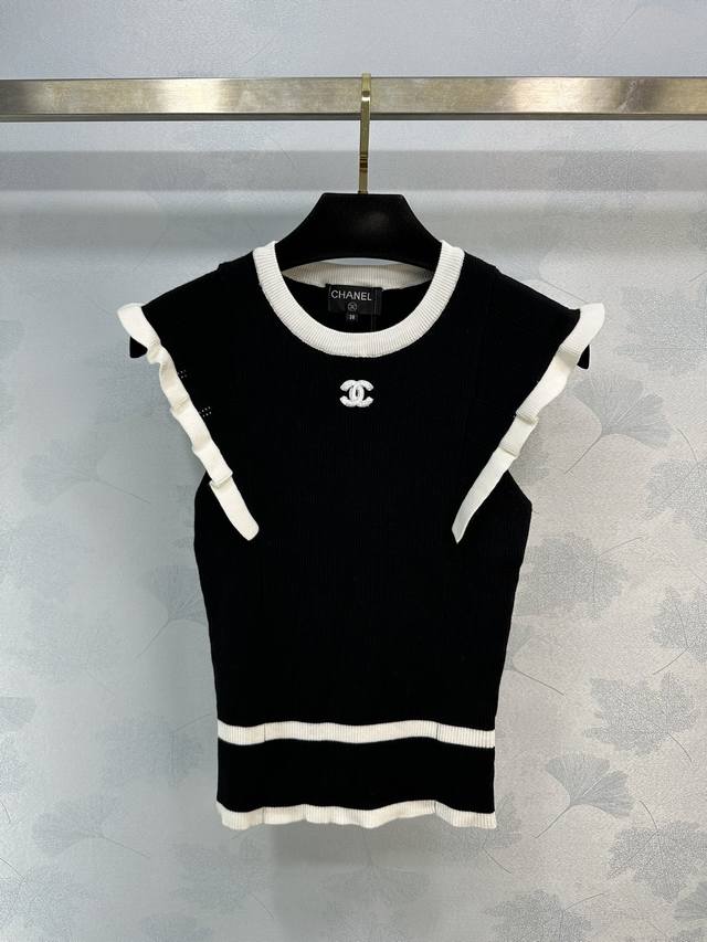 Chane*夏季新款荷叶袖针织上衣极简设计，经典黑白简约又高级，凸显精致名媛风 1色3码sml。