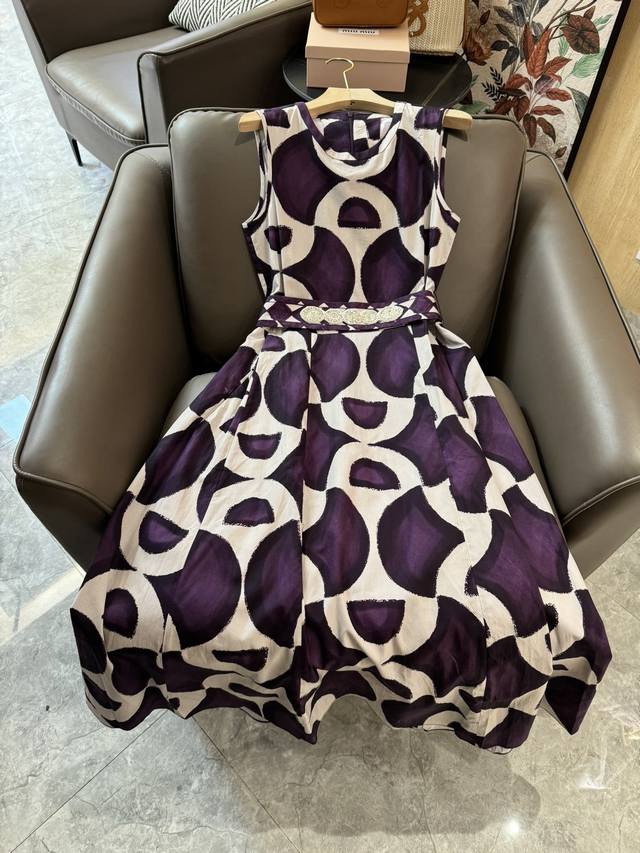 Jc017#新款连衣裙 Max Mara 几何图印花棉料 无袖连衣裙 黄色 紫色 Smlxl