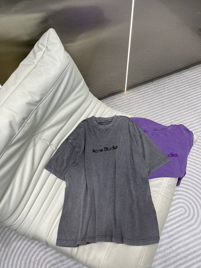 小众新款 做旧酸洗套色字母印花圆领短袖恤，阔版型，男女同款，定织定染面料，高品质 颜色：紫色 灰色 码数：