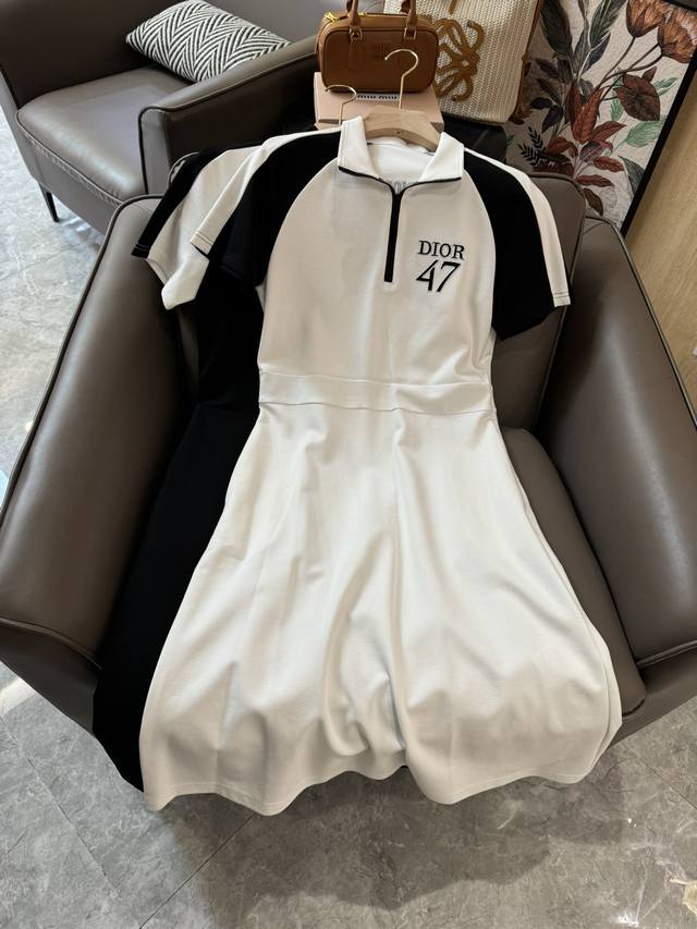 Mq24026#新款连衣裙 Dior 拼接polo领 休闲款短袖连衣裙 白色 黑色 Sml
