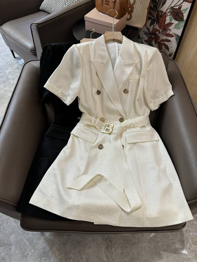 Hxz026#新款连衣裙 Balman 巴尔曼 提花醋酸面料 短袖修身连衣裙 白色 黑色 Smlxl