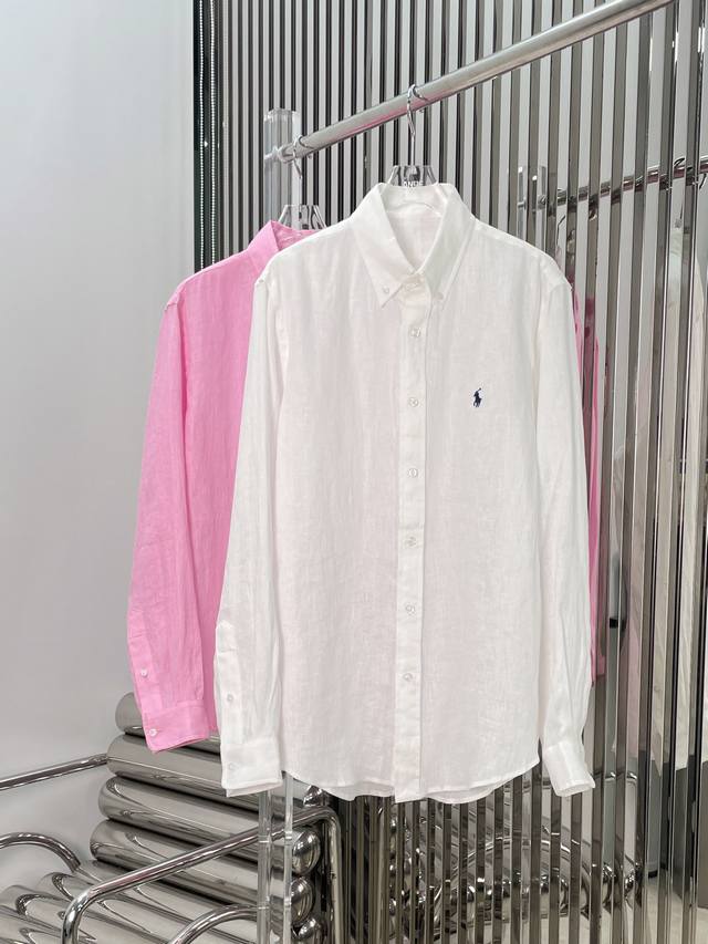 新款！最新l 24New 小马刺绣100%亚麻衬衫。 男女同款 颜色：粉、白。尺码：Sml。
