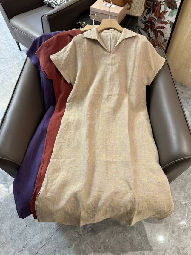 My022#新款亚麻连衣裙 Lp 显瘦短袖宽松亚麻连衣裙 米色 紫色 砖红色 Mlxl