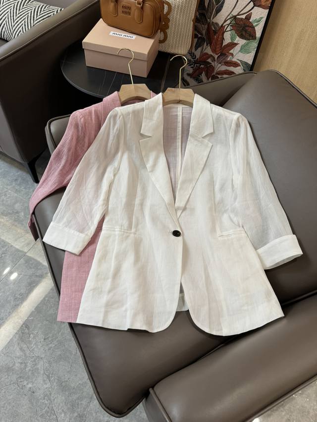 Yj056#西装小外套 100% 亚麻 七分袖 一粒扣西装外套 白色 粉色 Smlxl
