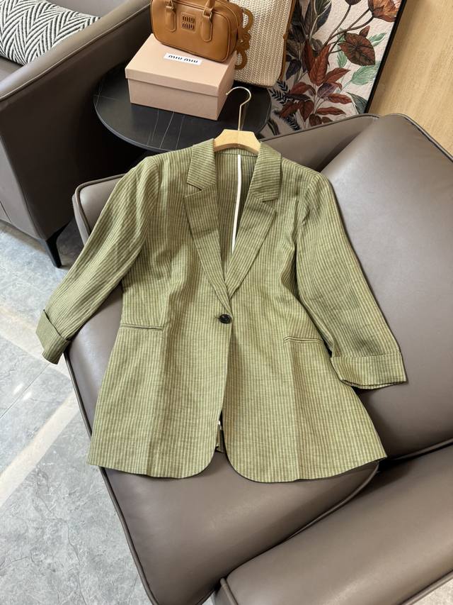 Yj057#西装小外套 100% 亚麻 七分袖 一粒扣西装外套 绿色条纹 Smlxl