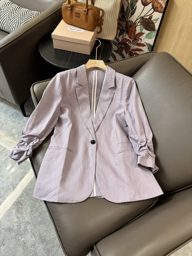 Yj058#西装小外套 100% 亚麻 七分袖 一粒扣西装外套 紫色 粉色 Smlxl