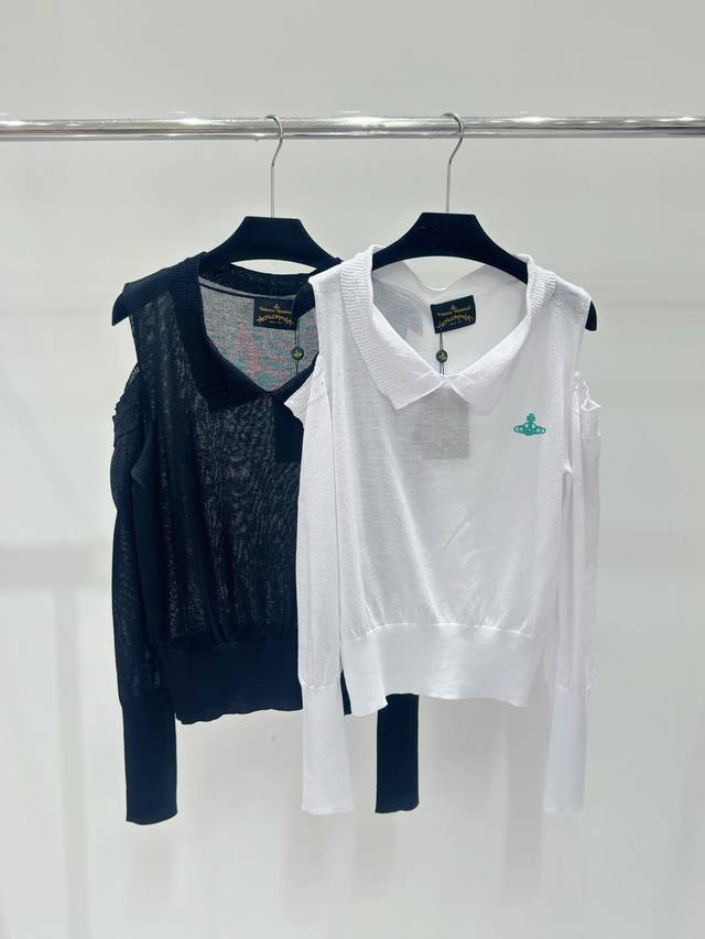 Vivi春夏新款 经典土星刺绣漏肩针织开衫，颜色：白色 黑色，尺码：36.38.40。