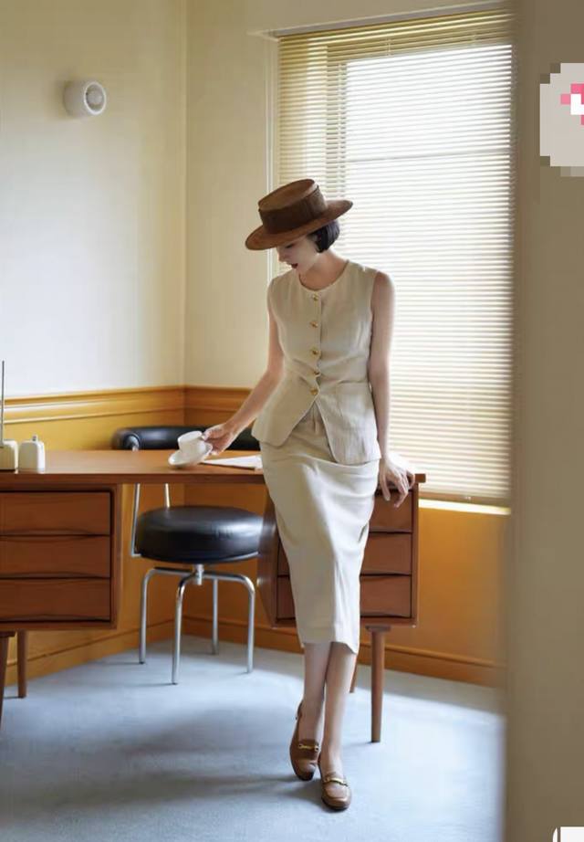 复古vintage高级亚麻套装 收腰显瘦气质通勤马甲高腰直筒裙smlxl