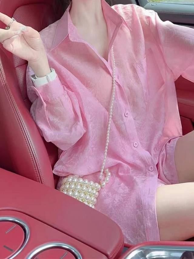 薄款防晒时尚套装女2024夏季新款天丝提花衬衫短裤套装smlx 粉色 灰色不同花型