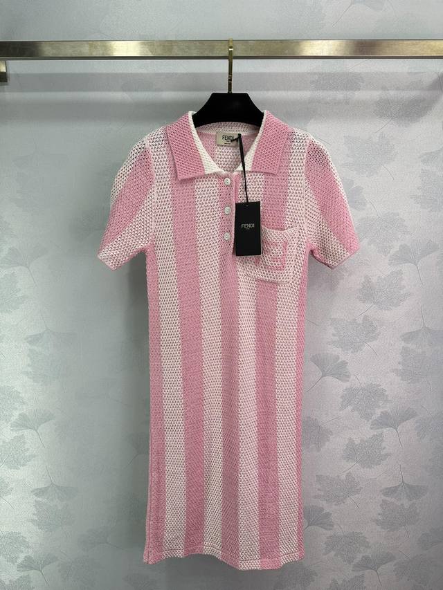 Fend*24夏季新款polo短袖裙 粉色竖条纹少女心减龄 1色3码sml 。