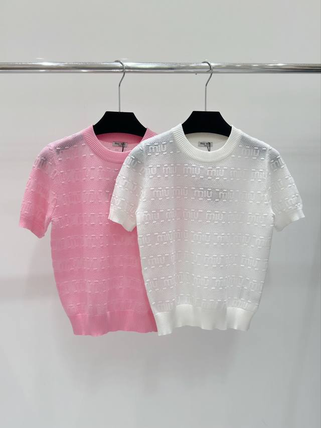 Miu家 春夏新款 条纹字母提花针织短袖 颜色 白色 粉色 尺码：S.M.L