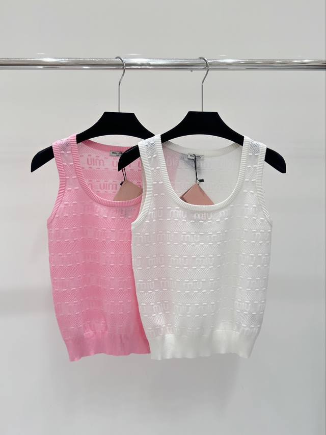 Miu家 春夏新款 条纹字母提花针织背心 颜色 白色 粉色 尺码：S.M.L