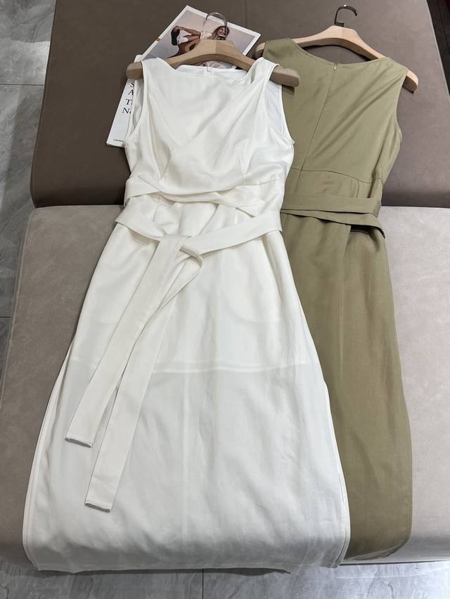 Bc天丝亚麻无袖腰带中长款连衣裙 Sml 白色，绿色