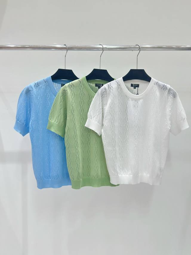 Ch家 春夏新款 纯色镂空提花圆领针织短袖 颜色：白色 蓝色 绿色 尺码：36.38.40