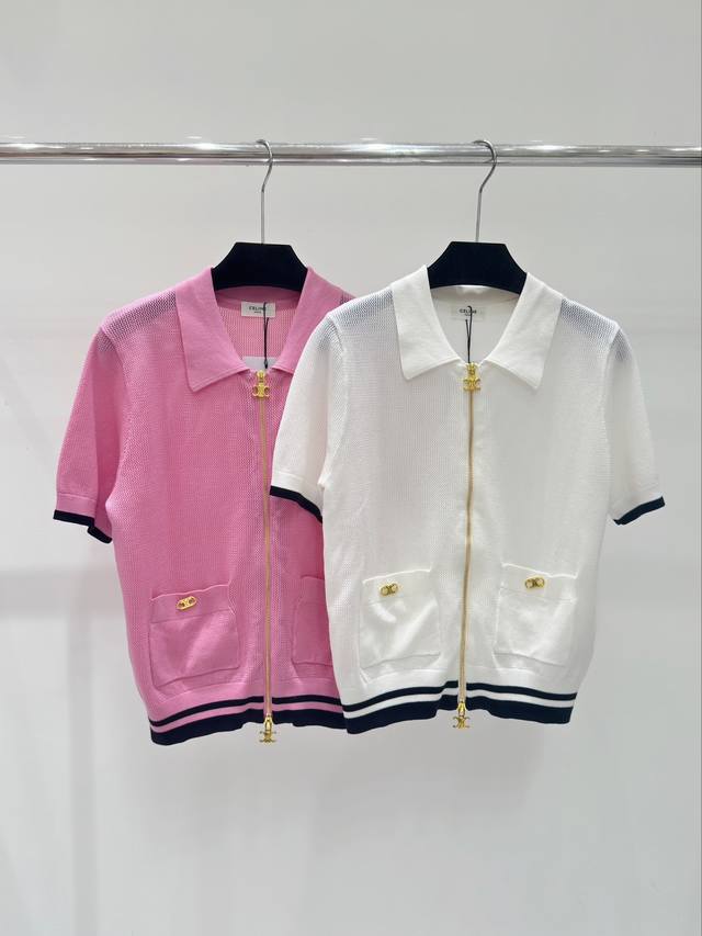 C E家 春夏新款 镂空双头拉链开衫针织短袖 颜色 粉色 白色 尺码：S.M.L