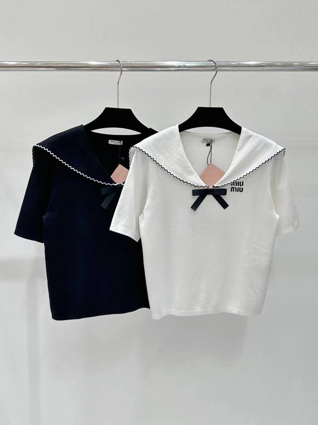 Miu家 春夏新款 海军领蝴蝶结针织短袖 颜色 黑色 白色 尺码：S.M.L