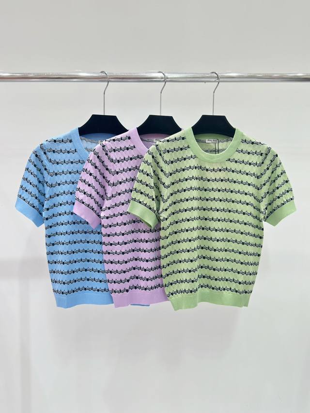 Miu家 春夏新款 条纹字母提花针织圆领短袖 颜色： 绿色 紫色 蓝色 尺码：36.38.40