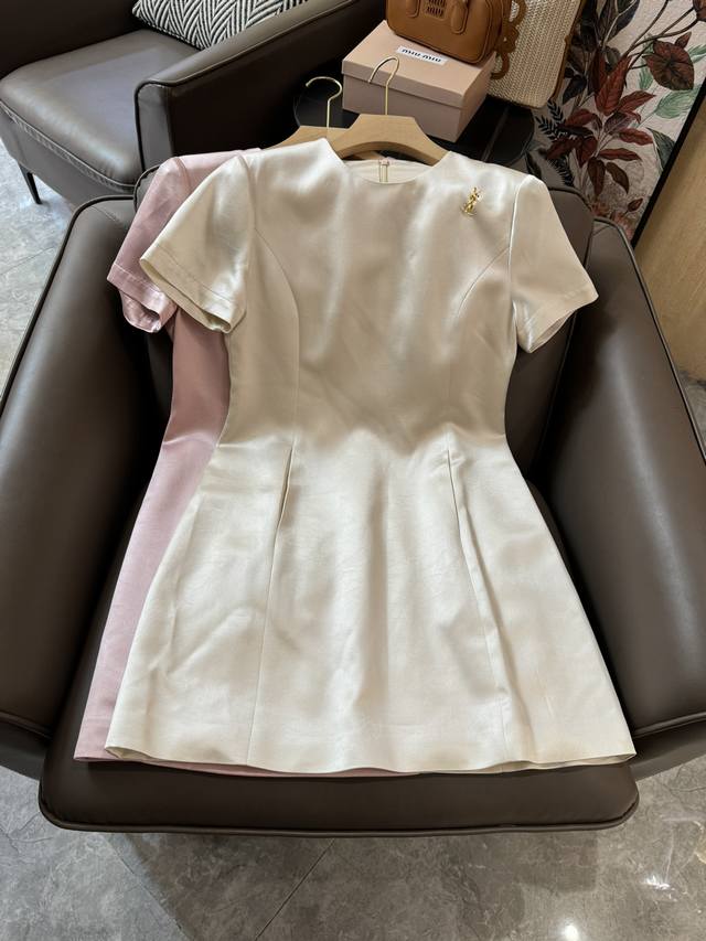Hxz031#新款连衣裙 醋酸圆领短袖连衣裙 粉色 白色 Smlxl
