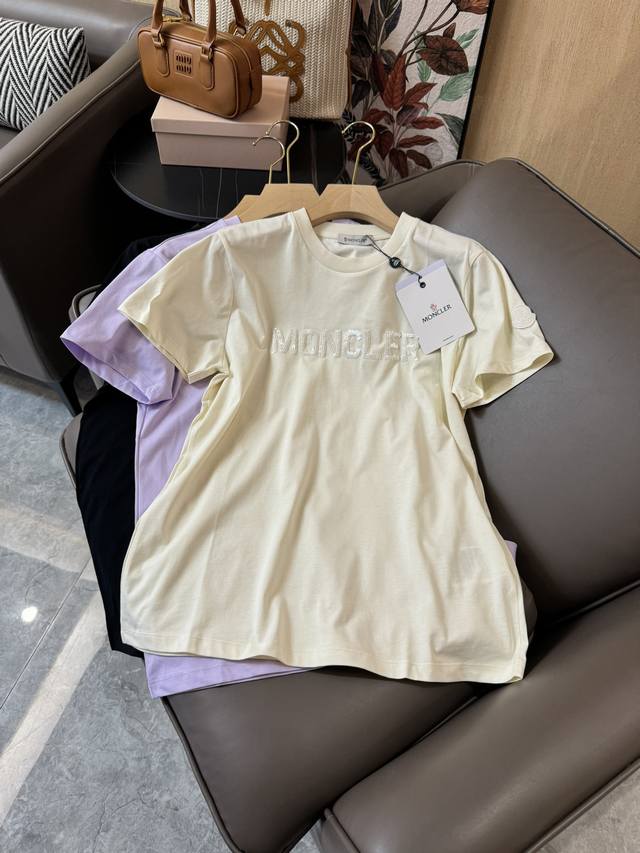 Qg24241#新款t恤 Moncler 最新款 珠片绣花字母 短袖修身t恤 米白 紫色 黑色 Sml