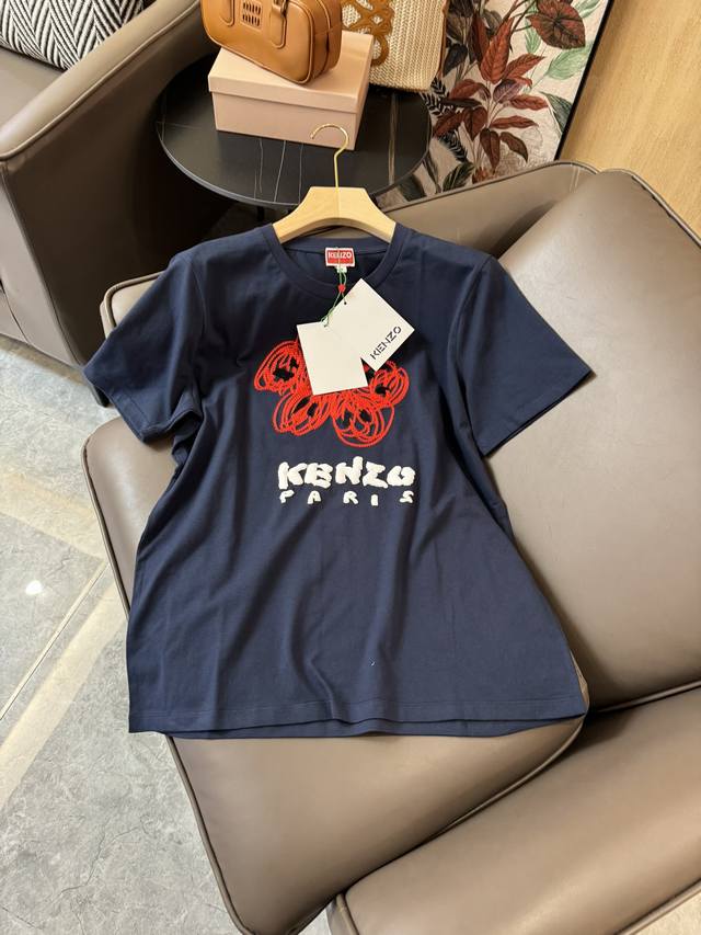 Qg24242#新款t恤 Kenzo 最新款 红色绣花 一朵小红花 短袖t恤 白色 藏青色 Sml