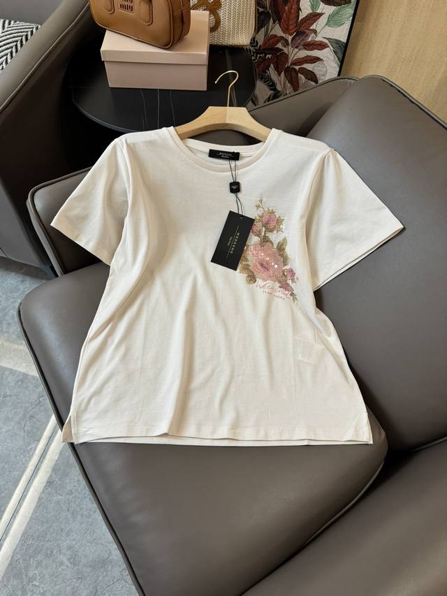 Qg24243#新款t恤 Max Mara 最新款 珠片绣花牡丹 短袖t恤 米白色sml
