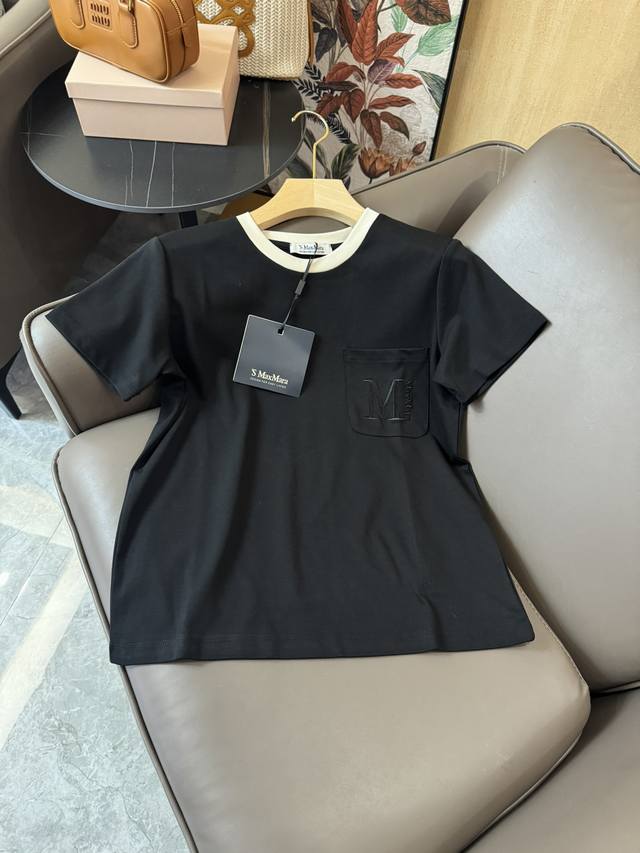 Dh24010#新款t恤 Max Mara 最新款 撞色领口 口袋绣字母 短袖t恤 米白色 黑色 Smlxl