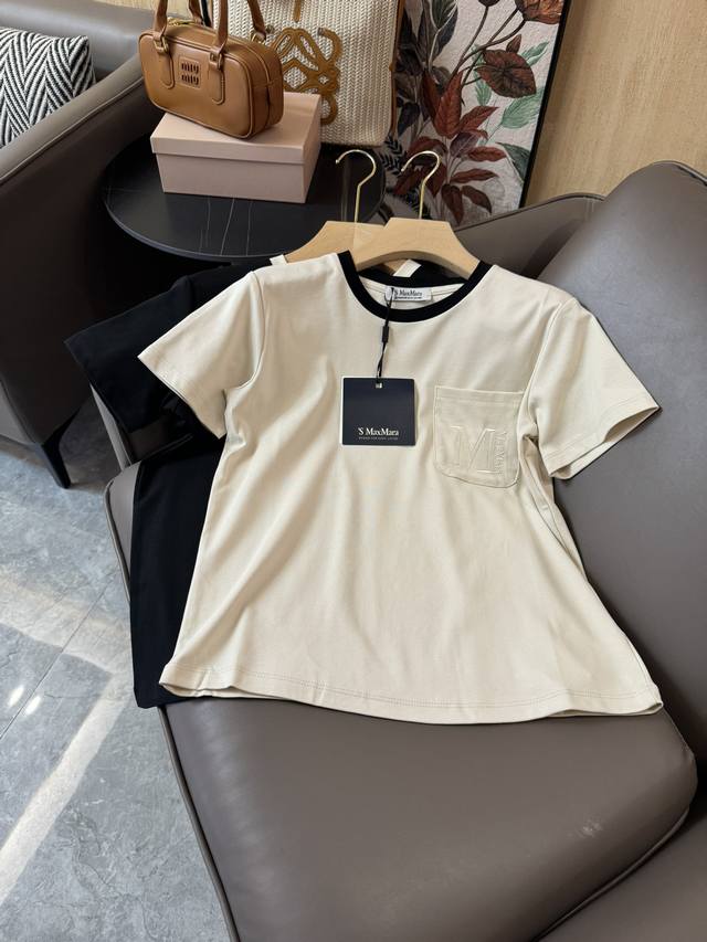 Dh24010#新款t恤 Max Mara 最新款 撞色领口 口袋绣字母 短袖t恤 米白色 黑色 Smlxl