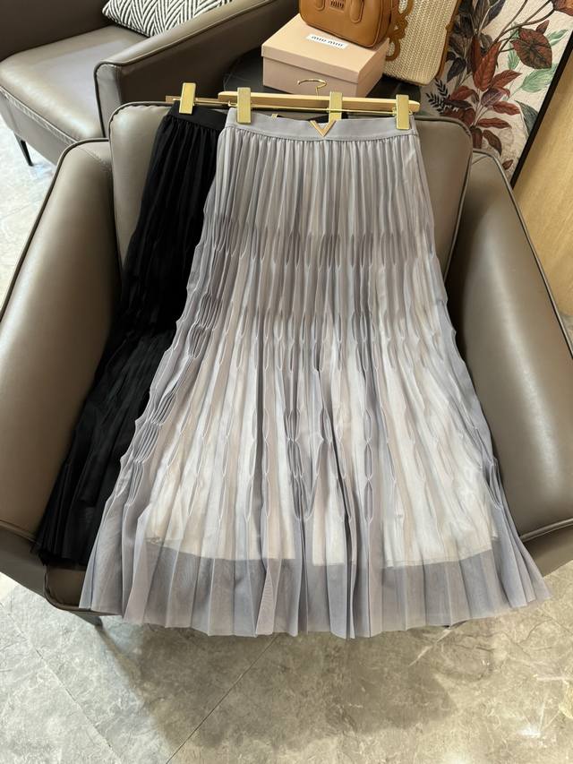 Xc0101#新款半裙 Valentino V字 压褶长半裙 灰色 黑色 Sml