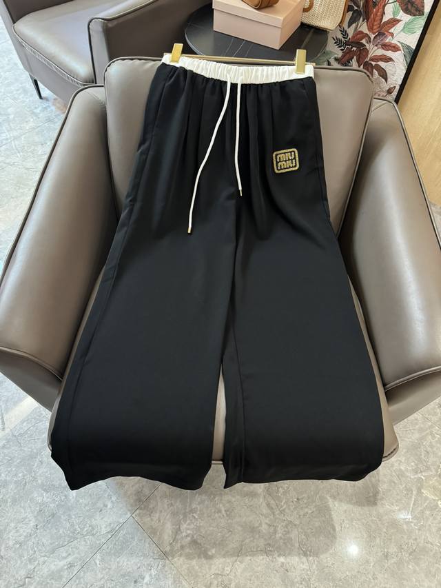 Xh052#新款裤子 Miumiu 金线刺绣字母长裤 黑色 Sml