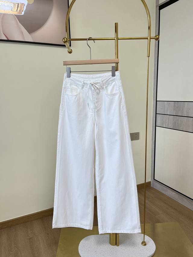 Moco2024夏新品抽绳白色直筒常规款牛仔裤 巨好搭配的神xian牛仔裤！ 采用66%棉20.5%聚酯纤维13.5醋酸！舒适度高，柔软舒适，亦具有清爽舒适的穿