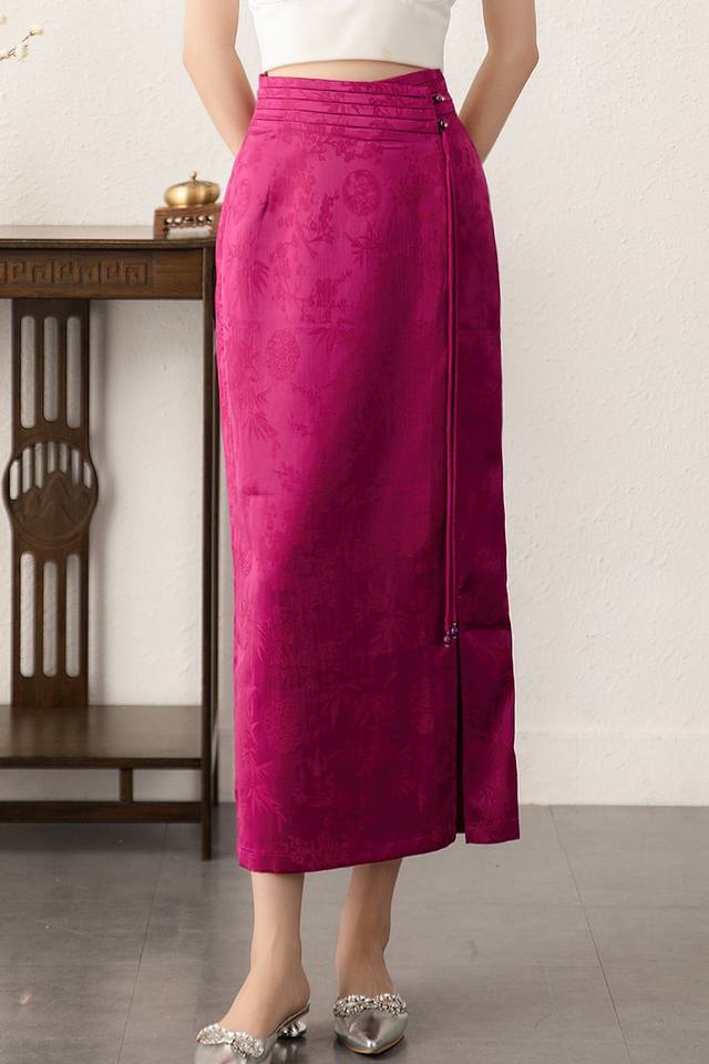 夏新款 新中式印花半身裙 品质优 S- Xl 2色：黑色 玫红 面料：人丝提花