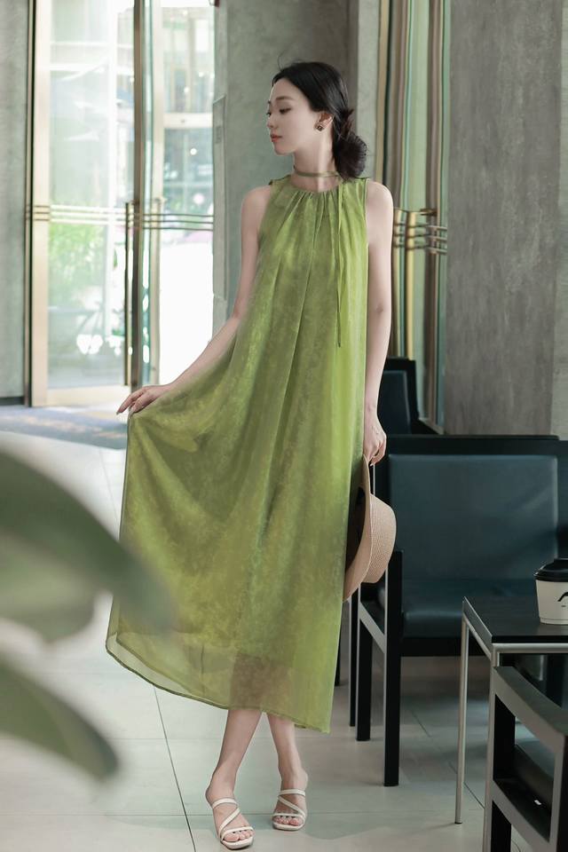 高品质！原创无袖绿色人丝提花连衣裙，独特设计法式高级感连衣裙2024新款夏季宽松smlxl