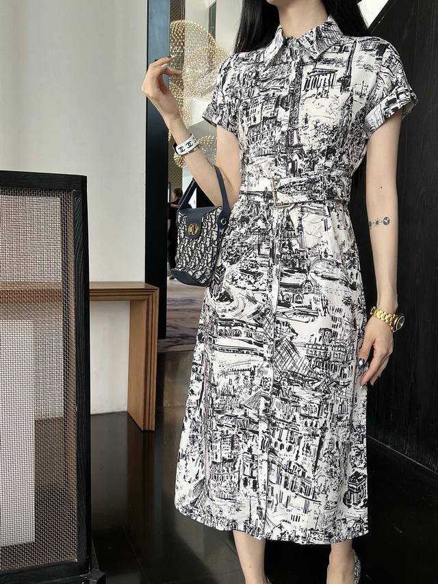 Dio* 24Ss新款连衣裙巴黎地图图案棉布印花面料 搭本身布腰带 专柜同步 高版本 单色三码sml