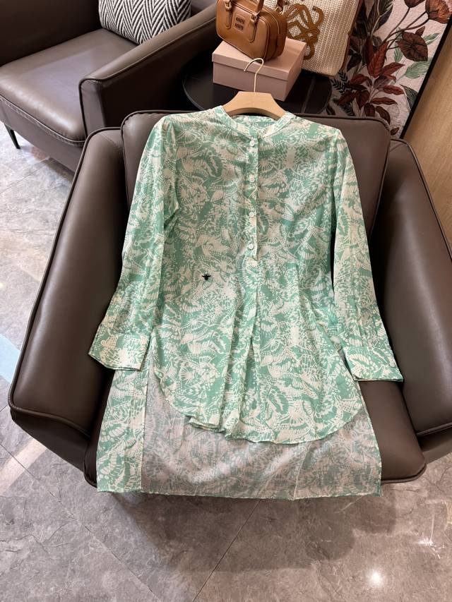 Bs37#新款衬衫 Dior 小蜜蜂绣花 真丝棉 高端印花 长衬衫 绿色 粉色 S-Xl