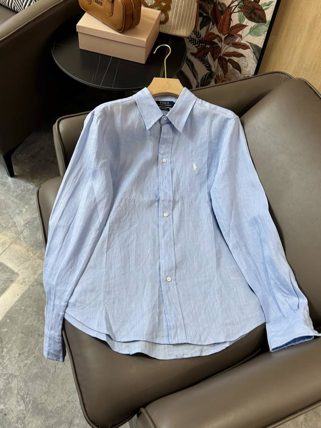 Dh985#新款衬衫 Polo Lauren 100% 亚麻 长袖衬衫 浅蓝色 粉色 白色 Sml