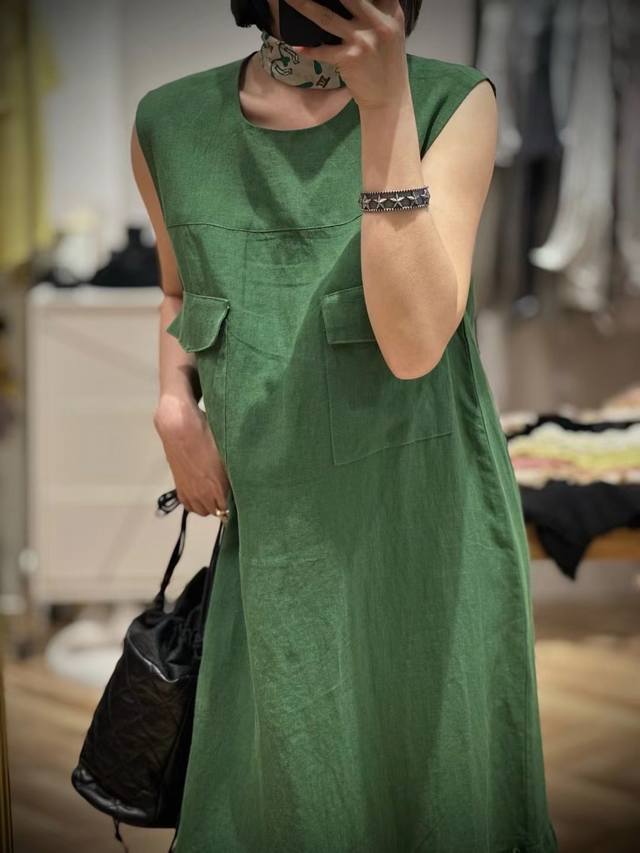 亚麻双口袋连衣裙 面料:亚麻 颜色:绿色，黑色 尺码:S-Xxl