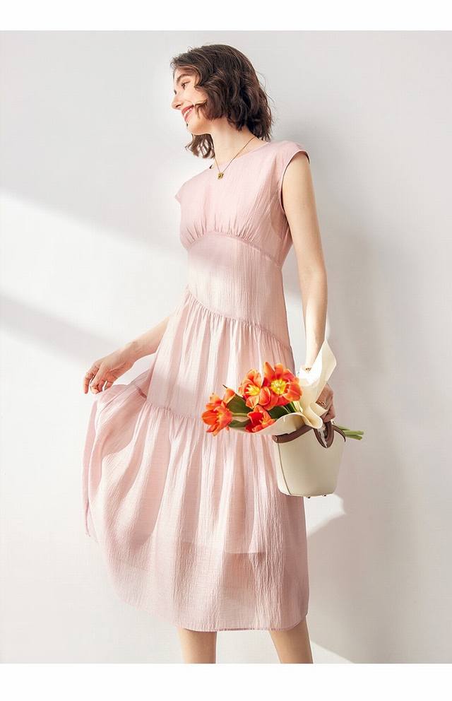 6A芨莱赛尔 营造高笈氛围感 Row风天丝连衣裙 圆领中长款背心裙 粉色 米白 Smlxl