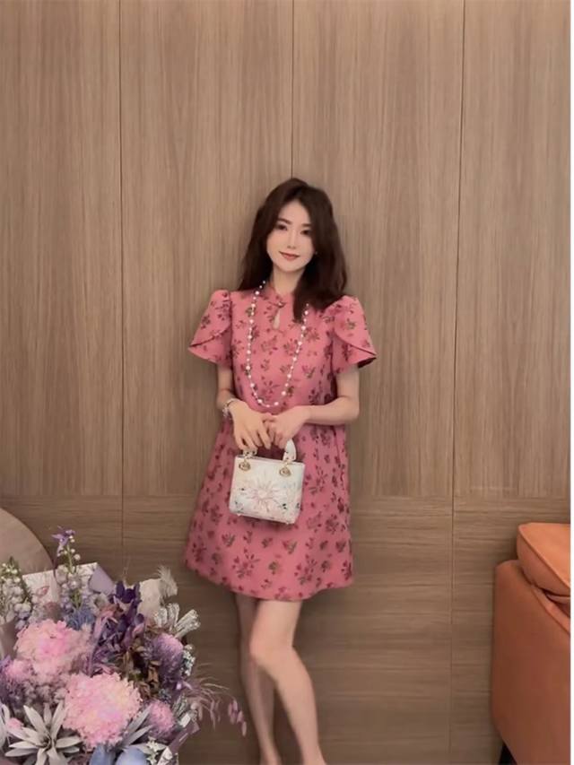 连衣裙 小个子粉色新中式国风旗袍改良连衣裙！码数:Smlxl