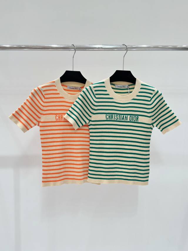 D家 春夏新款 条纹字母提花针织圆领短袖 颜色：橙色 绿色 尺码：36.38.40