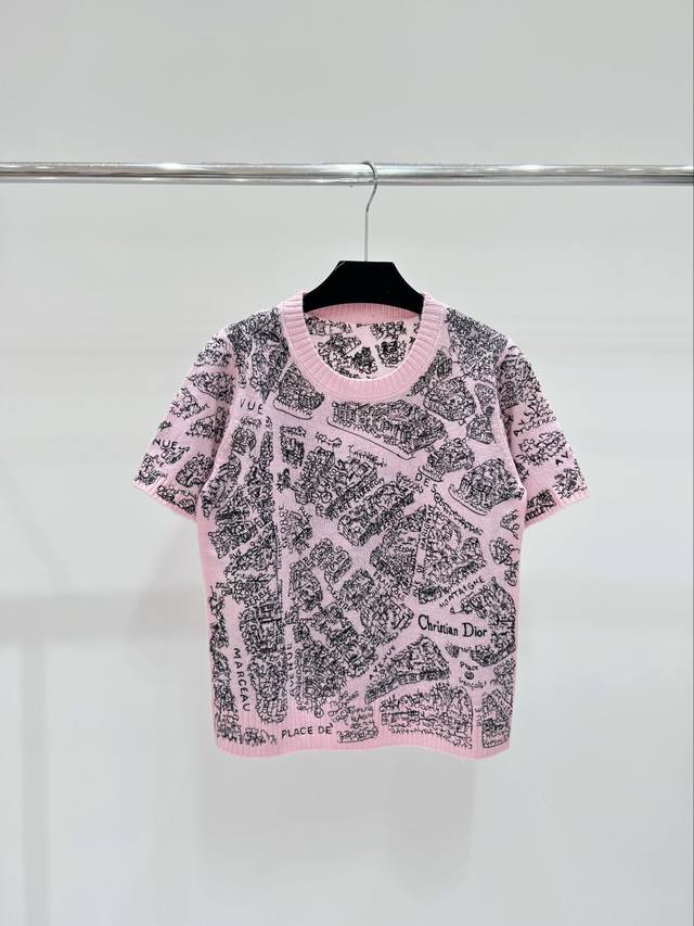 D家 春夏新款 巴黎地图刺绣针织圆领短袖 颜色：粉色 尺码：36.38.40