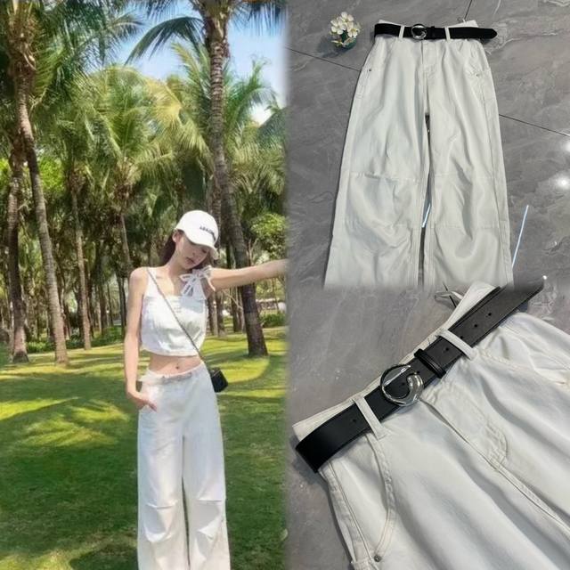 设计感白色九分太空裤 压皱部位和后口袋设计时尚又亮眼 独特日系时髦 Smlxl