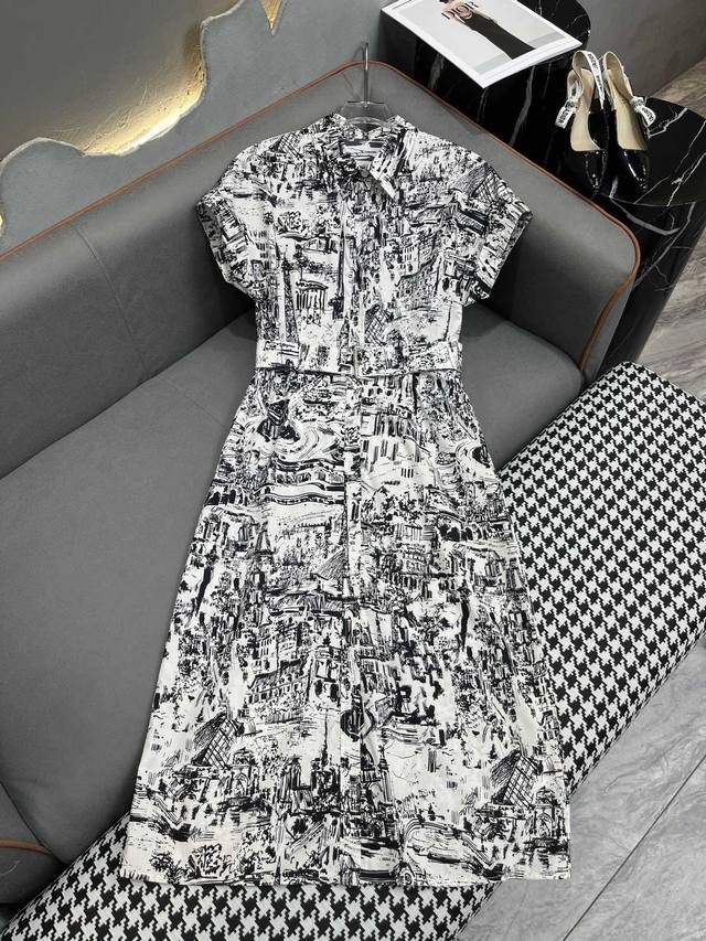 Dio* 24Ss新款连衣裙巴黎地图图案棉布印花面料 搭本身布腰带 专柜同步 高版本 单色三码smla807