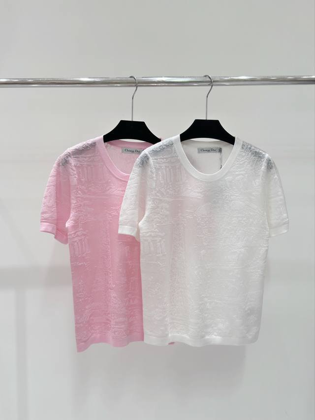 D家 春夏新款 纯色巴黎地图暗纹提花针织圆领短袖 颜色： 白色 粉色 尺码：36.38.40