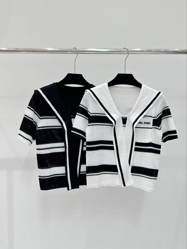 Miu家 春夏新款 黑白撞色海军领披肩针织短袖 颜色： 黑色 白色 尺码：36.38.40
